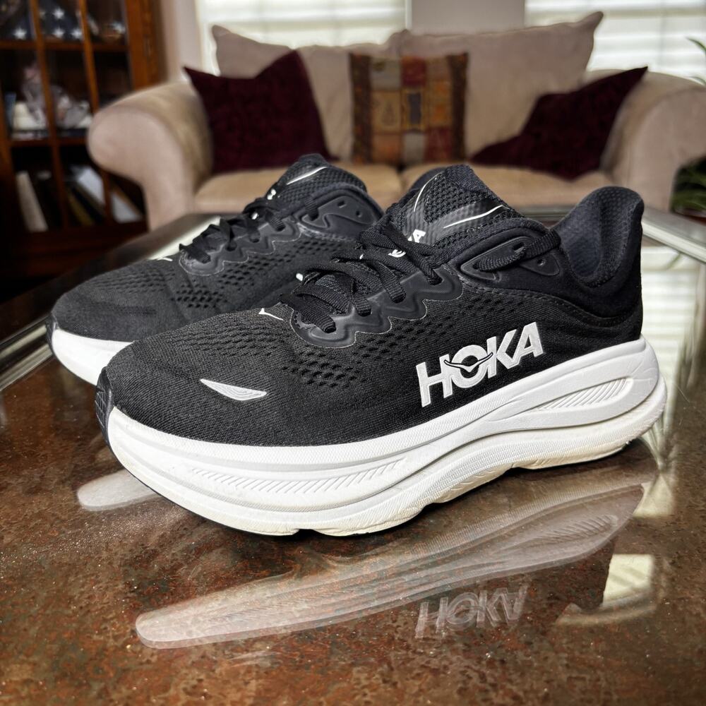 Hoka One One Bondi 9 Shoes Womens 9 D Wide Black White Athletic Running Sneakers